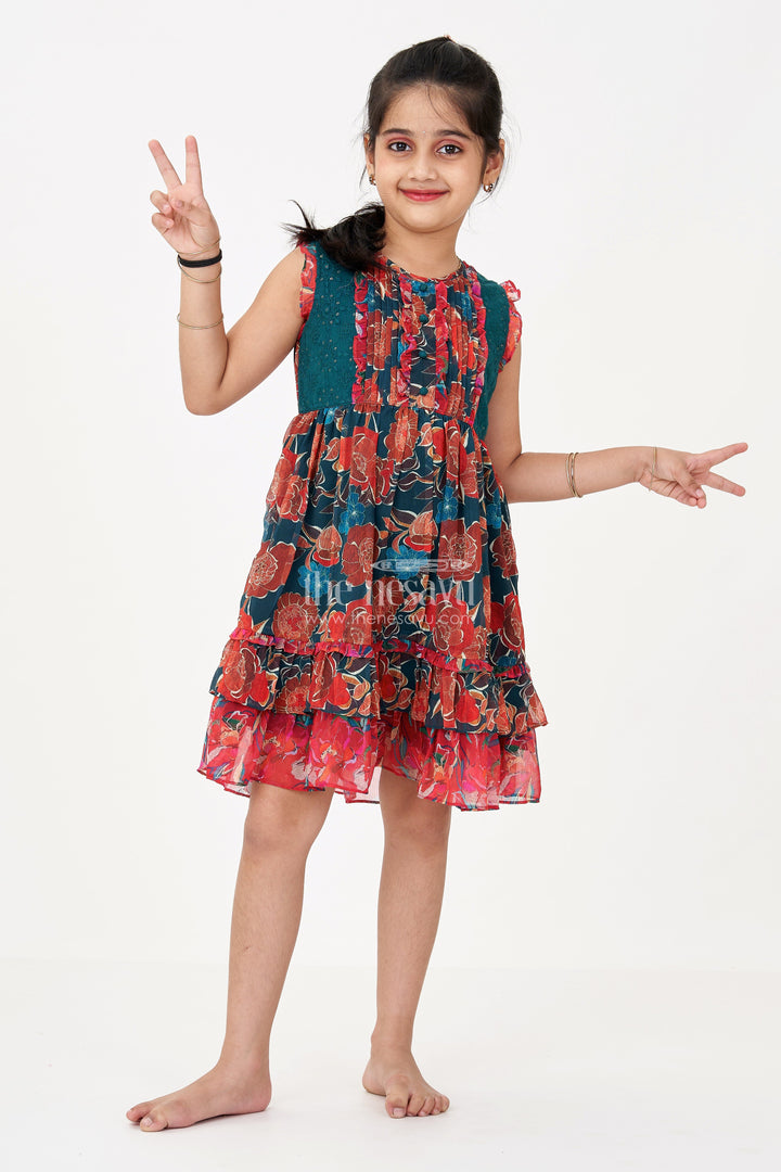 The Nesavu Girls Cotton Frock Girls Green Dress Traditional Style in Georgette with Bold Floral Prints and Layered Frill Hem Nesavu 22 (4Y) / Green GFC1673A-22 Girls Traditional Green Dress Georgette Floral Print Frill Layers Sequin Embroidery | The Nesavu