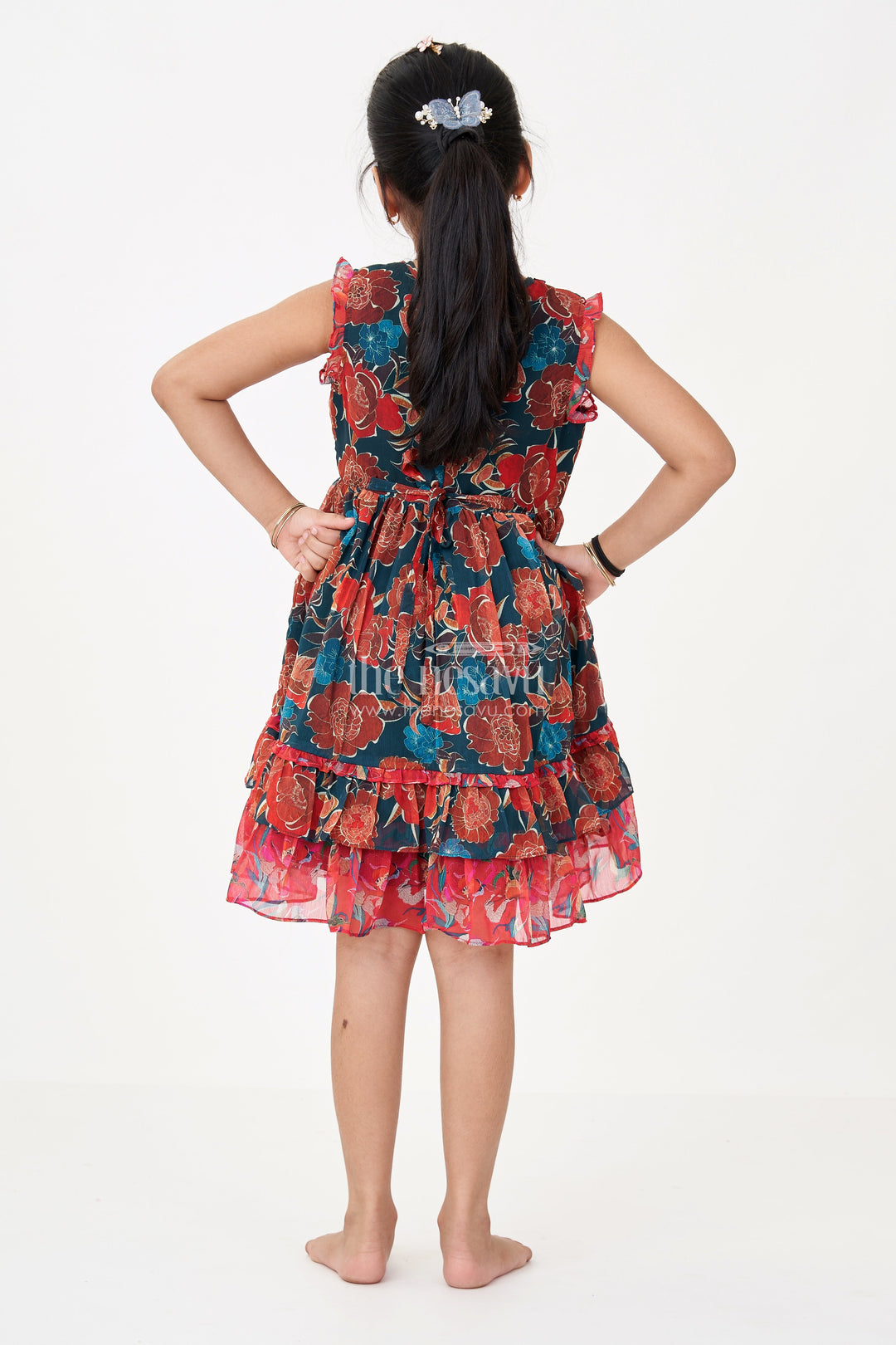 The Nesavu Girls Cotton Frock Girls Green Dress Traditional Style in Georgette with Bold Floral Prints and Layered Frill Hem Nesavu Girls Traditional Green Dress Georgette Floral Print Frill Layers Sequin Embroidery | The Nesavu