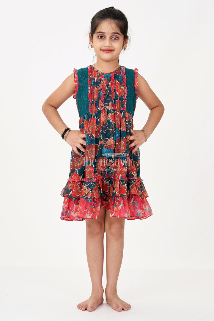 The Nesavu Girls Cotton Frock Girls Green Dress Traditional Style in Georgette with Bold Floral Prints and Layered Frill Hem Nesavu Nesavu Girls Traditional Green Dress Georgette Floral Print Frill Layers Sequin Embroidery