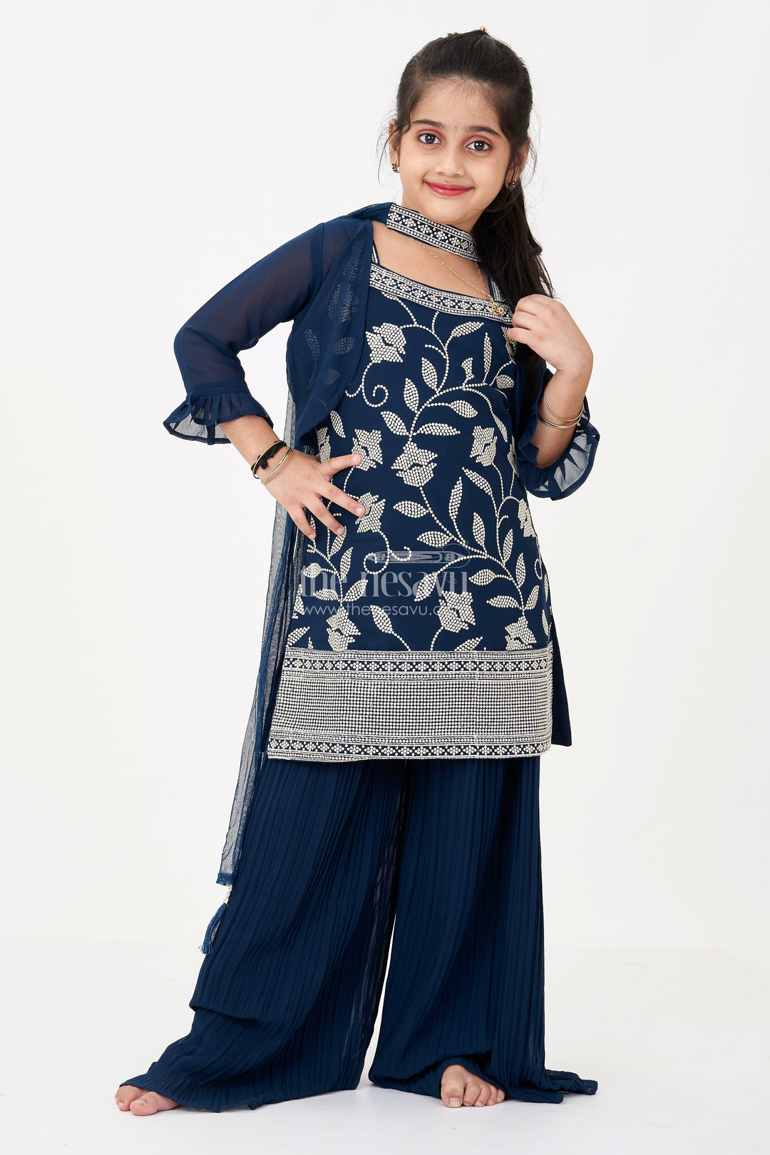 The Nesavu Girls Sharara / Plazo Set Girls Green Ethnic Dress in Georgette with Sequin Embroidered Crop Top and Flared Palazzo Pants Nesavu 28 (7Y) / Blue GPS578A-28 Girls Green Ethnic Dress Georgette Sequin Embroidered Top Palazzo Pants | The Nesavu