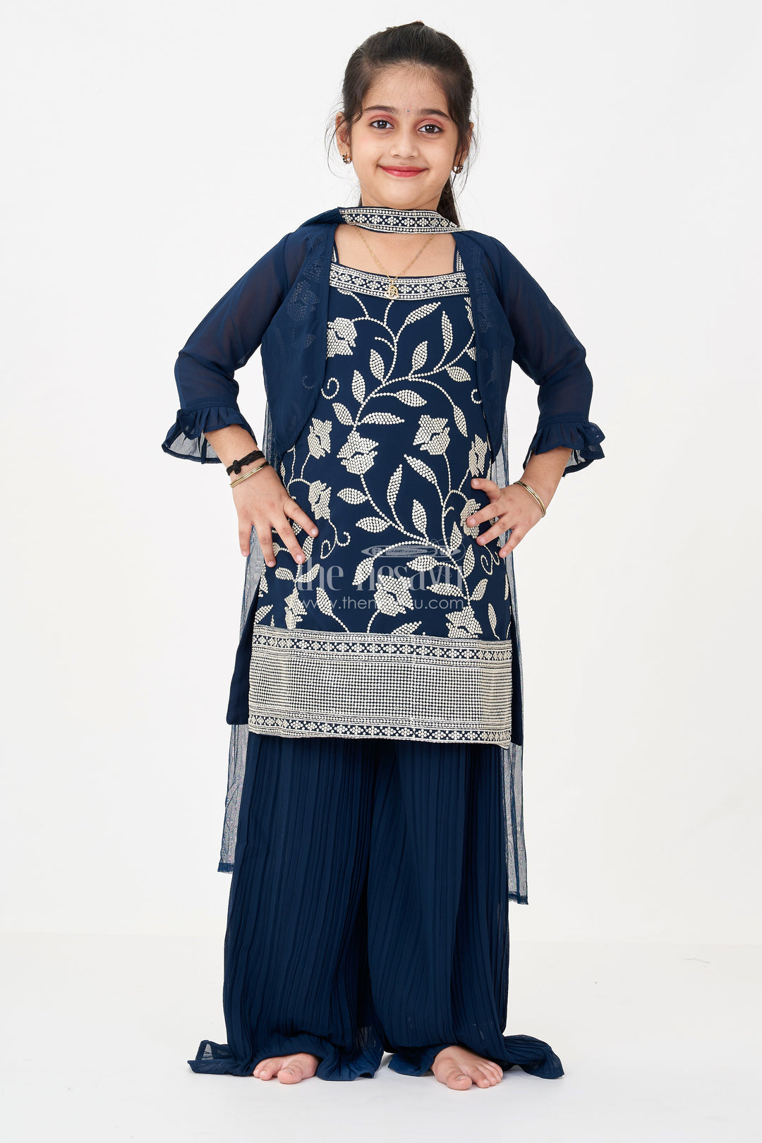 The Nesavu Girls Sharara / Plazo Set Girls Green Ethnic Dress in Georgette with Sequin Embroidered Crop Top and Flared Palazzo Pants Nesavu Girls Green Ethnic Dress Georgette Sequin Embroidered Top Palazzo Pants | The Nesavu