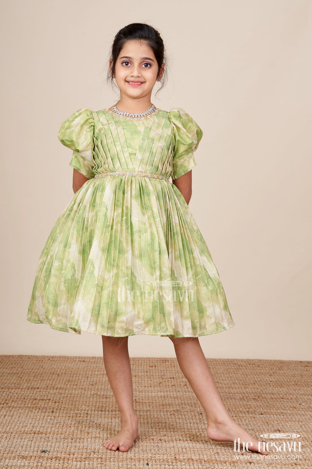 The Nesavu Girls Fancy Frock Girls Green Floral Digital Print Fancy Frock Nesavu 16 (1Y) / Green SF1061A-16 Nesavu girls green floral digital print viscose silk frock puff sleeve fancy dress