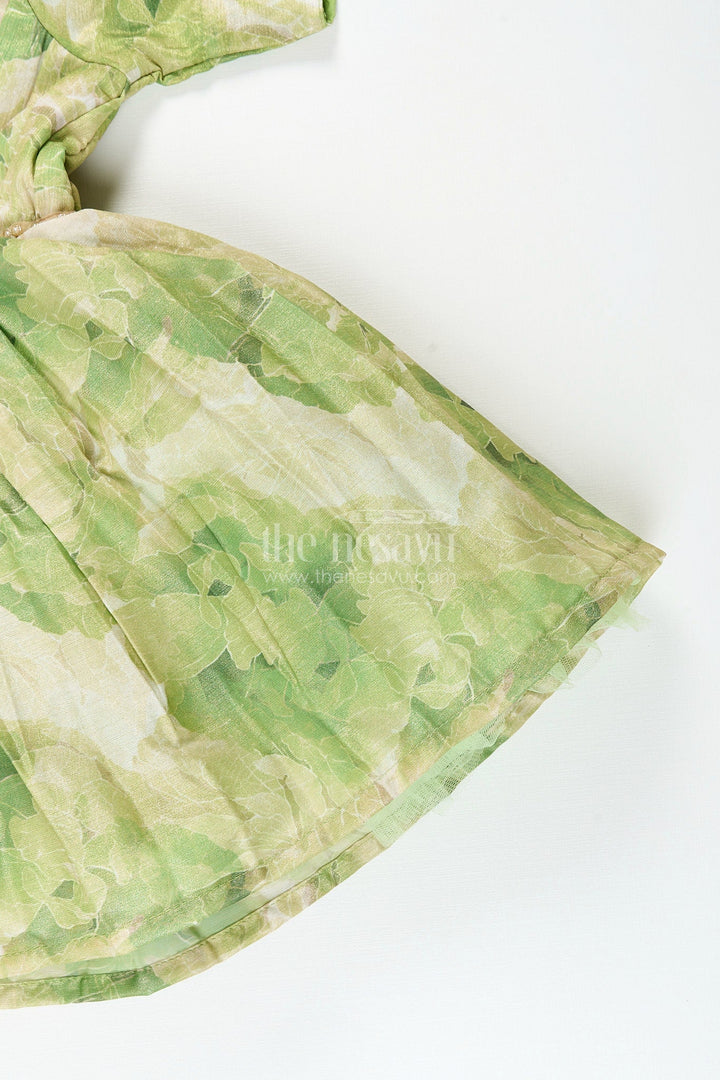 The Nesavu Girls Fancy Frock Girls green floral digital print fancy frock Nesavu Nesavu girls green floral digital print viscose silk frock puff sleeve fancy dress