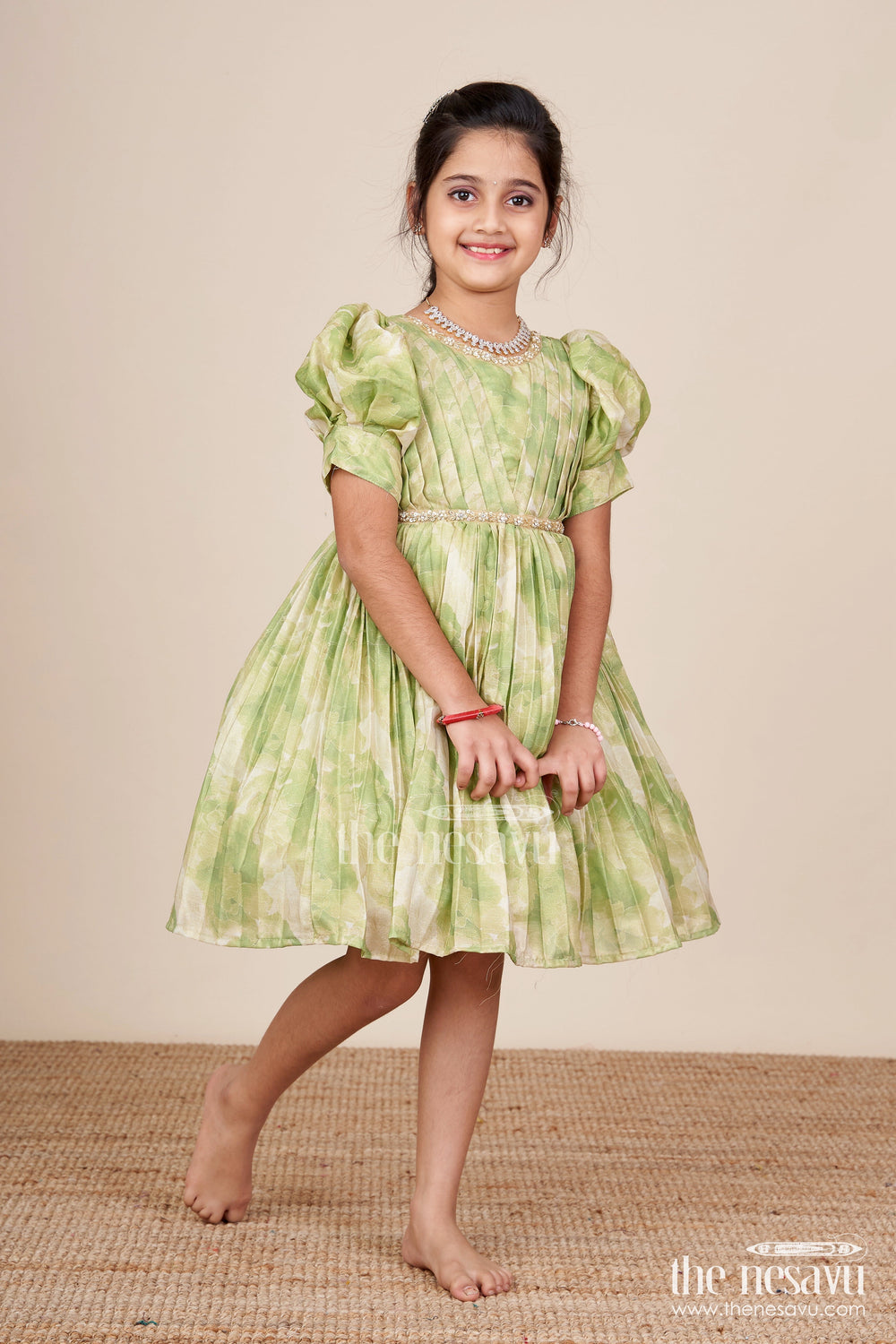 The Nesavu Girls Fancy Frock Girls Green Floral Digital Print Fancy Frock Nesavu Nesavu girls green floral digital print viscose silk frock puff sleeve fancy dress
