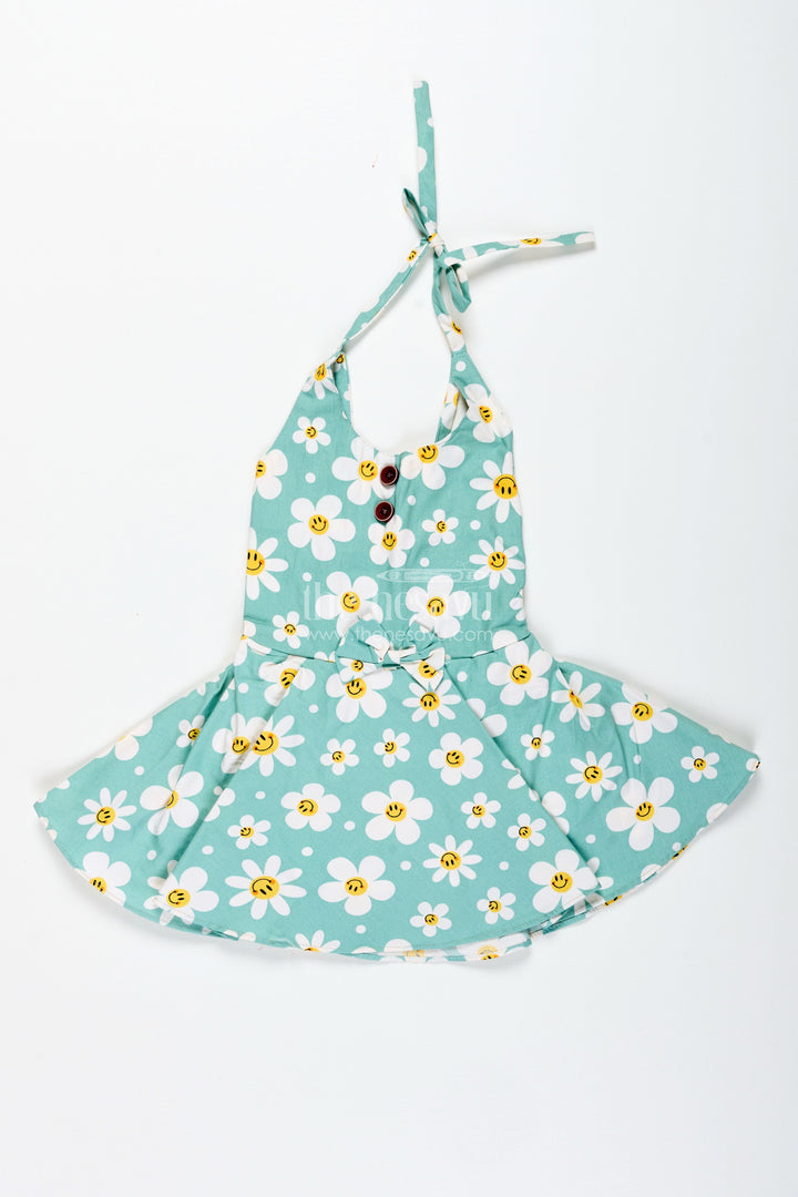 The Nesavu Girls Cotton Frock Girls Green Floral Frock with Smiley Print for Cheerful Summer Twirls Nesavu 16 (1Y) / Green GFC1883A-16 Nesavu Green Cotton Frock Smiley Floral Print Twirl-Worthy Dress Toddler Girls