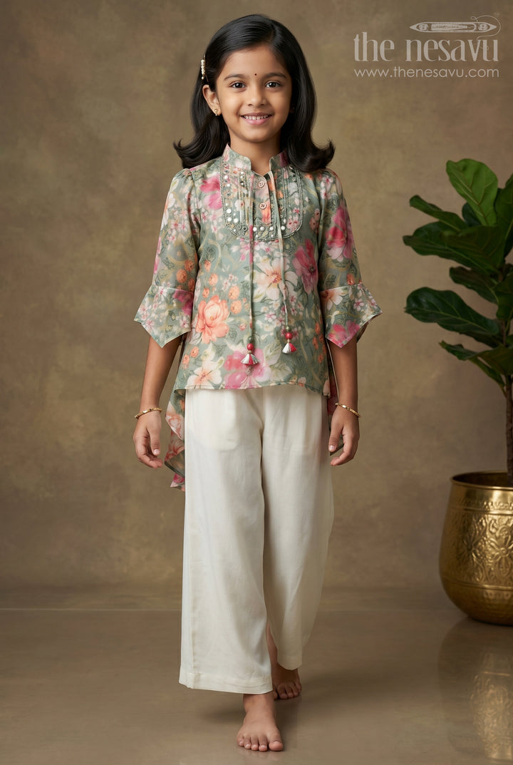 The Nesavu Girls Co-Ord Sets Girls Green Floral Printed Top with White Culottes and Camisole for Stylish Daytime Outings Nesavu 18 (2Y) / Multicolor GPS410B-18 Nesavu Girls Green Floral Printed Top White Culottes Camisole Semi-Formal Outings