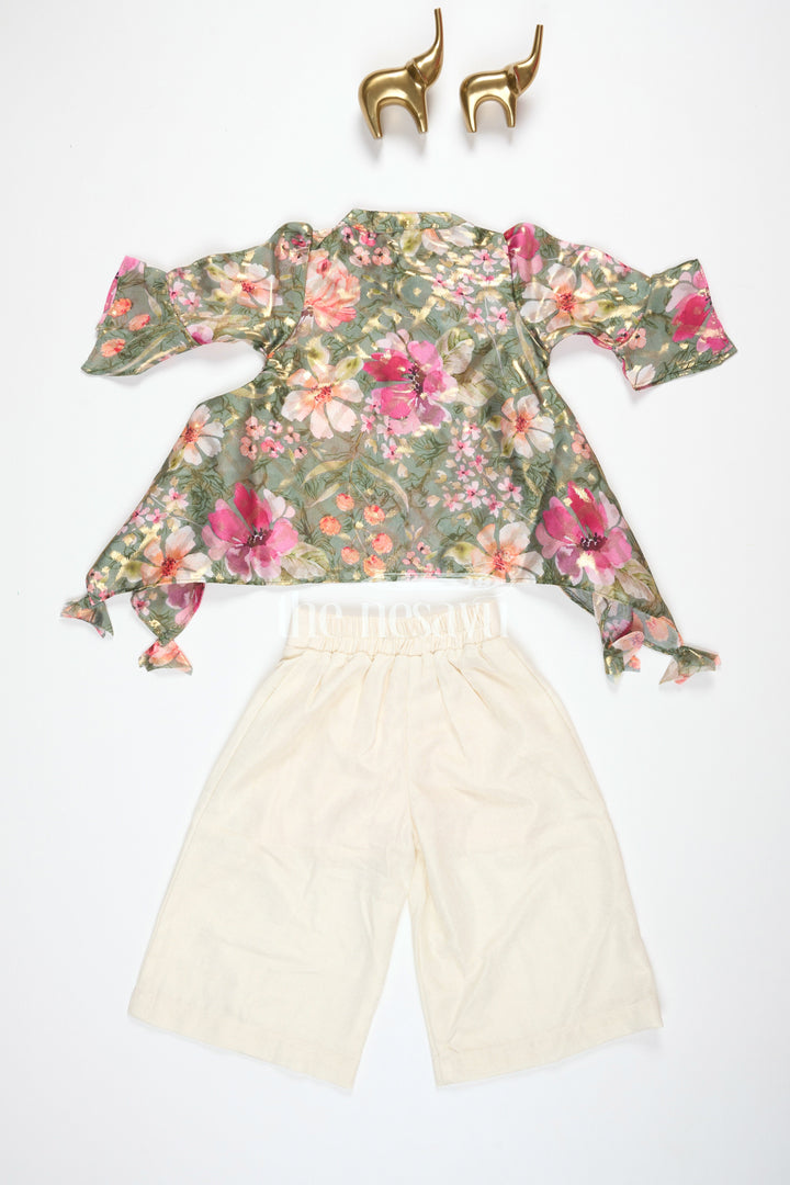 The Nesavu Girls Sharara / Plazo Set Girls Green Floral Printed Top with White Culottes and Camisole for Stylish Daytime Outings Nesavu Nesavu Girls Green Floral Printed Top White Culottes Camisole Semi-Formal Outings