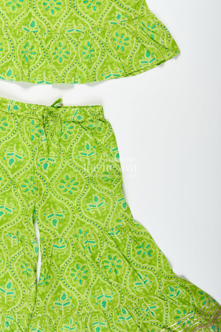 The Nesavu Girls Casual Set Girls Green Halter Top with Ethnic Printed Skirt for Festive Occasions Nesavu Nesavu Green Cotton Ethnic Skirt Set Girls Printed Halter Top Lace Hem