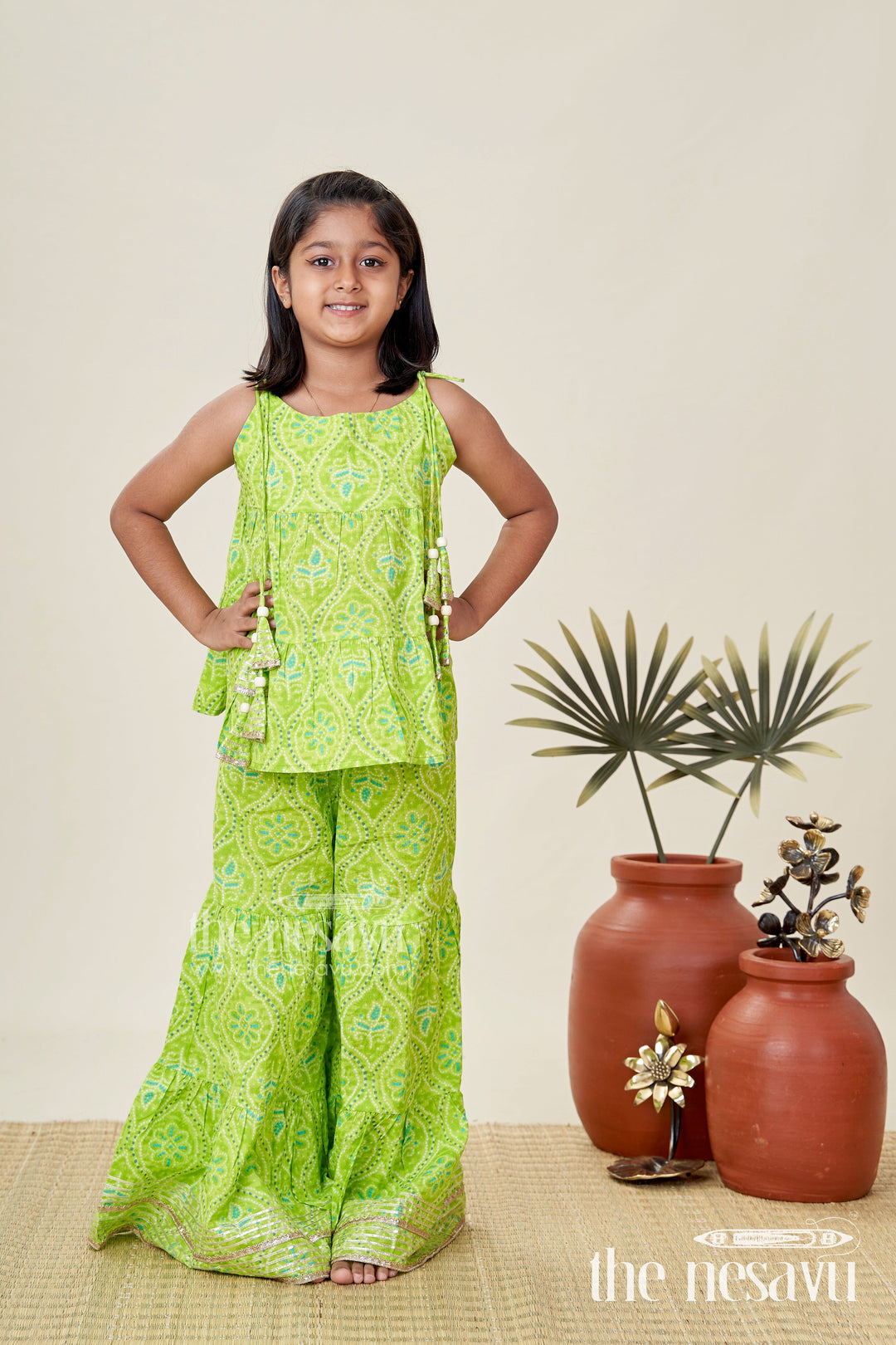 The Nesavu Girls Casual Set Girls Green Halter Top with Ethnic Printed Skirt for Festive Occasions Nesavu Nesavu Green Cotton Ethnic Skirt Set Girls Printed Halter Top Lace Hem