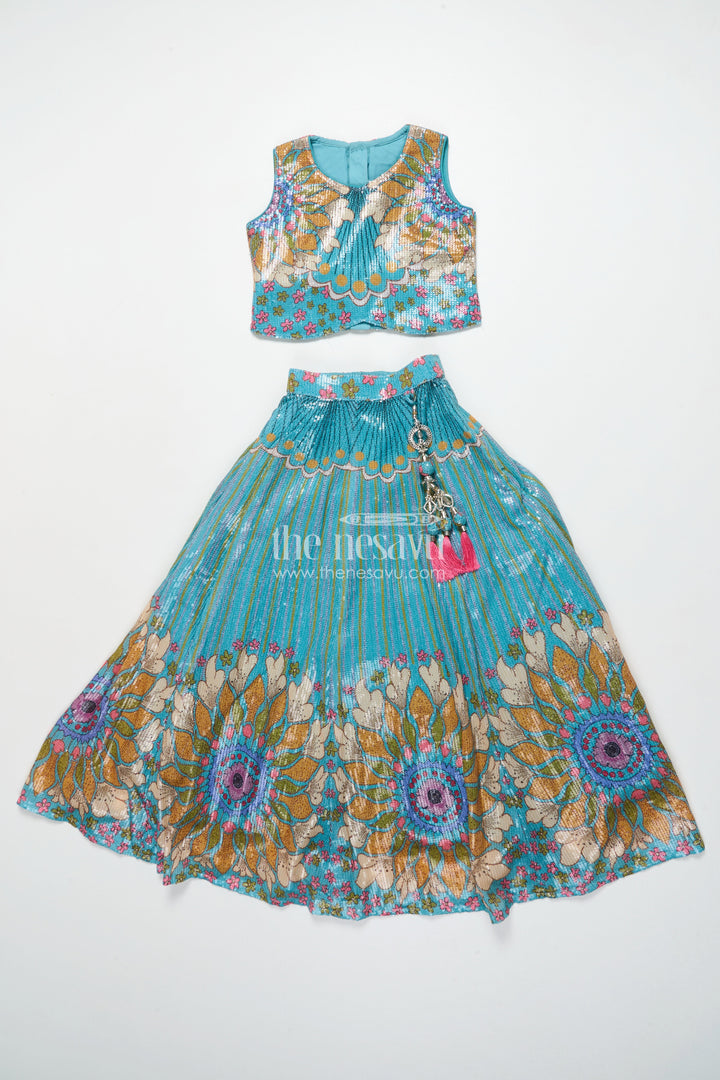 The Nesavu Girls Lehenga Choli Girls Green Lehenga Choli with Sequin Embroidery for Festive and Wedding Wear Nesavu 24 (5Y) / Green GL714B-24 Nesavu girls green lehenga choli georgette sequin embroidery  ideal weddings festivals