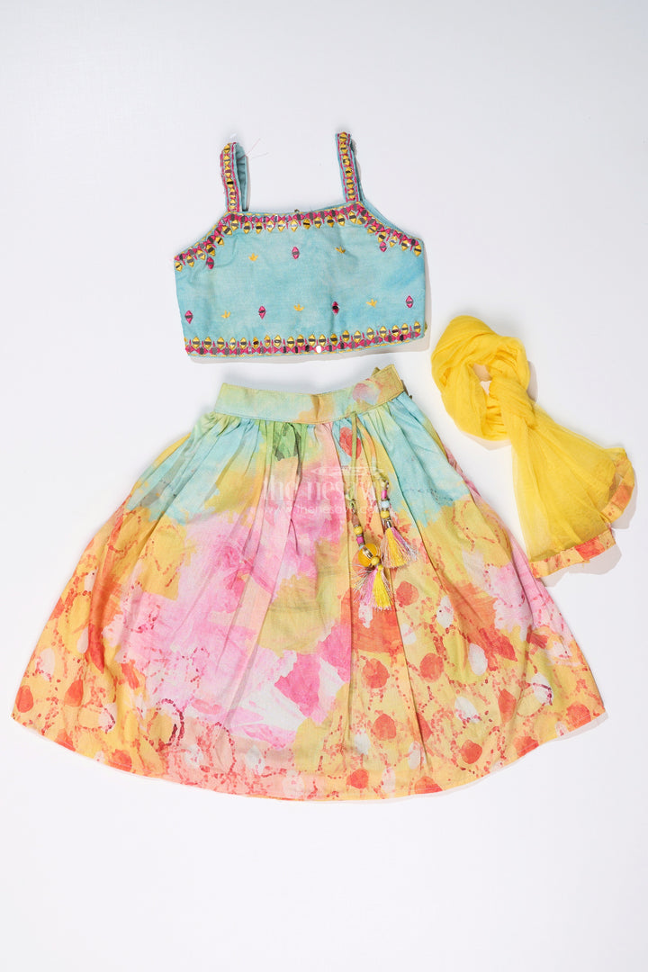 The Nesavu Girls Lehenga Choli Girls Green Lehenga for Reception with Shimmer Embroidery and Digital Printed Flair Nesavu 16 (1Y) / Green GL586A-16 Girls Green Lehenga Reception Mirror Work Embroidery Digital Print | The Nesavu