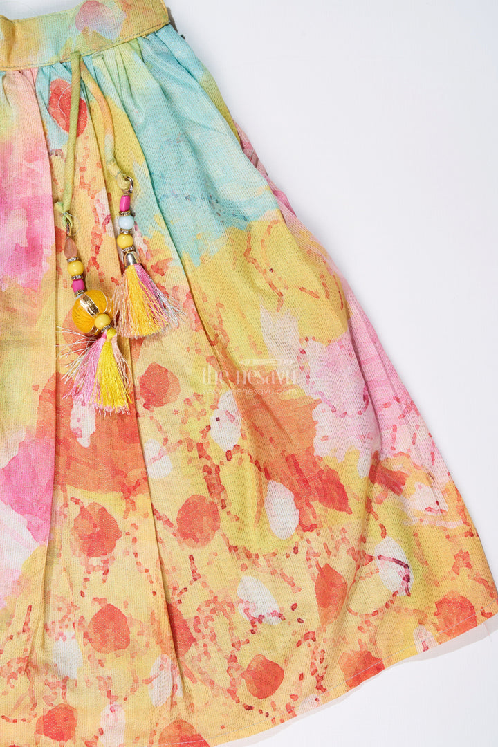 The Nesavu Girls Lehenga Choli Girls Green Lehenga for Reception with Shimmer Embroidery and Digital Printed Flair Nesavu Girls Green Lehenga Reception Mirror Work Embroidery Digital Print | The Nesavu