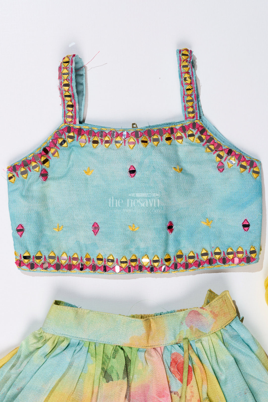 The Nesavu Girls Lehenga Choli Girls Green Lehenga for Reception with Shimmer Embroidery and Digital Printed Flair Nesavu Girls Green Lehenga Reception Mirror Work Embroidery Digital Print | The Nesavu