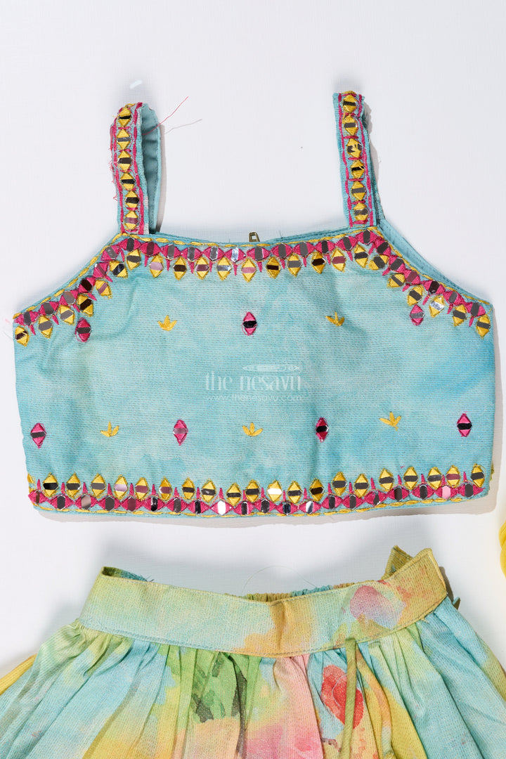 The Nesavu Girls Lehenga Choli Girls Green Lehenga for Reception with Shimmer Embroidery and Digital Printed Flair Nesavu Girls Green Lehenga Reception Mirror Work Embroidery Digital Print | The Nesavu