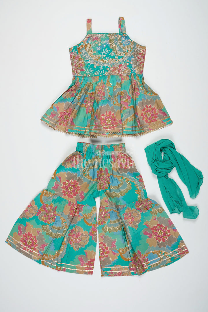 The Nesavu Girls Sharara / Plazo Set Girls Green Modal Embroidered Sharara Plazo Set for Festive Events Nesavu 18 (2Y) / Green GPS465A-18 Girls Green Modal Embroidered Sharara Plazo Set Nesavu Perfect Festive Outfit Diwali Celebrations