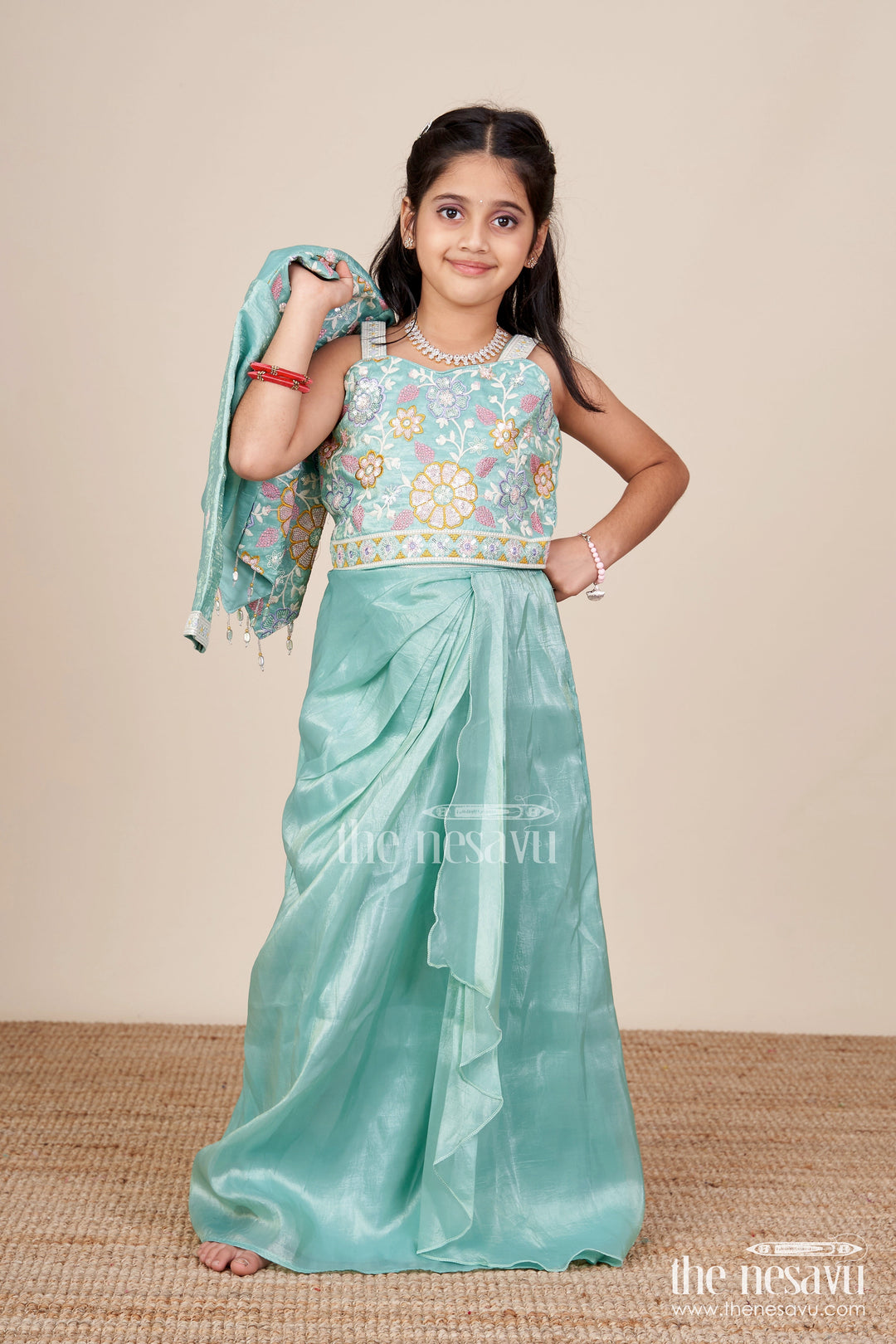 The Nesavu Girls Fancy Lehenga Girls Green Organza Lehenga Choli with Designer Embroidered Yoke for Festive Occasions Nesavu 26 (6Y) / Green GL787A-26 Nesavu girls green organza lehenga choli embroidered yoke weddings festive wear