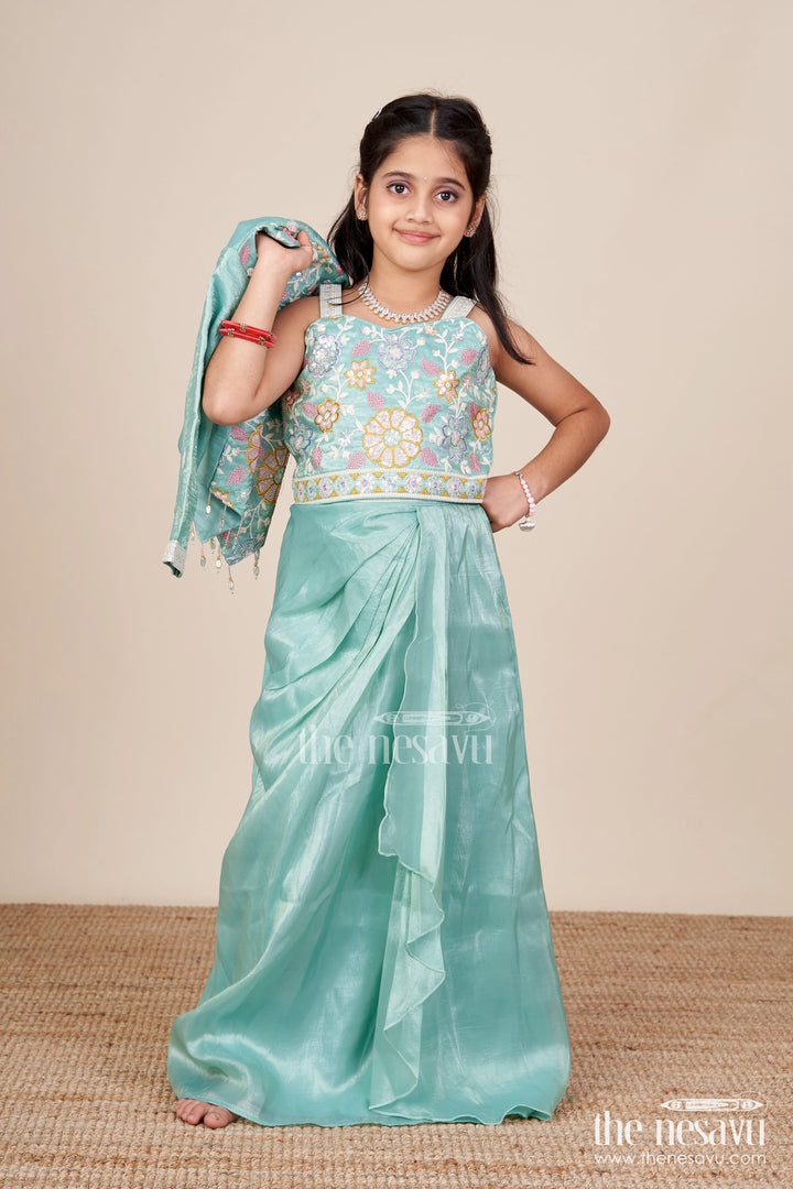 The Nesavu Girls Fancy Lehenga Girls Green Organza Lehenga Choli with Designer Embroidered Yoke for Festive Occasions Nesavu 26 (6Y) / Green GL787A-26 Nesavu girls green organza lehenga choli embroidered yoke weddings festive wear