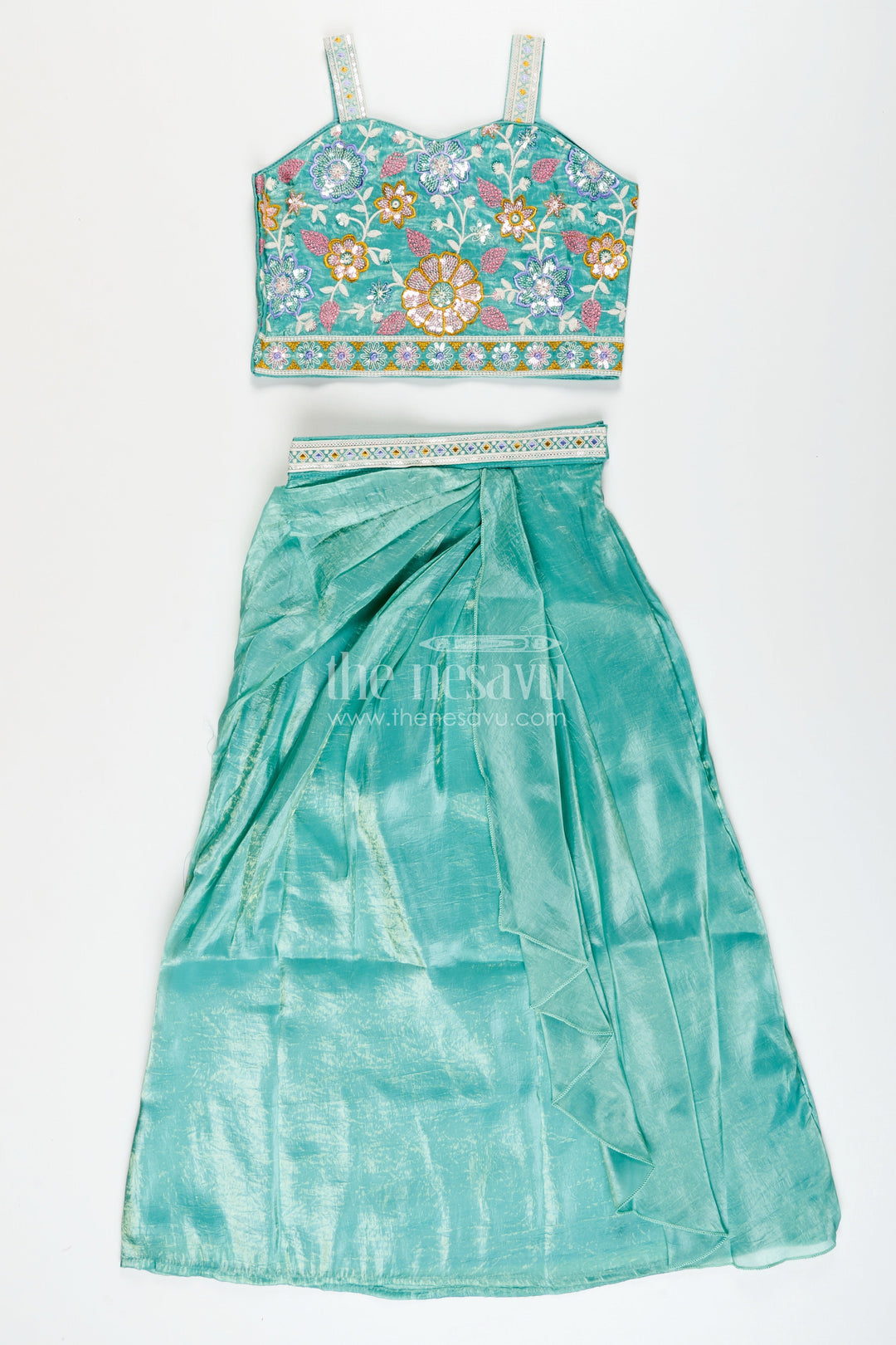The Nesavu Girls Fancy Lehenga Girls green organza lehenga choli with designer embroidered yoke for festive occasions Nesavu Nesavu girls green organza lehenga choli embroidered yoke weddings festive wear