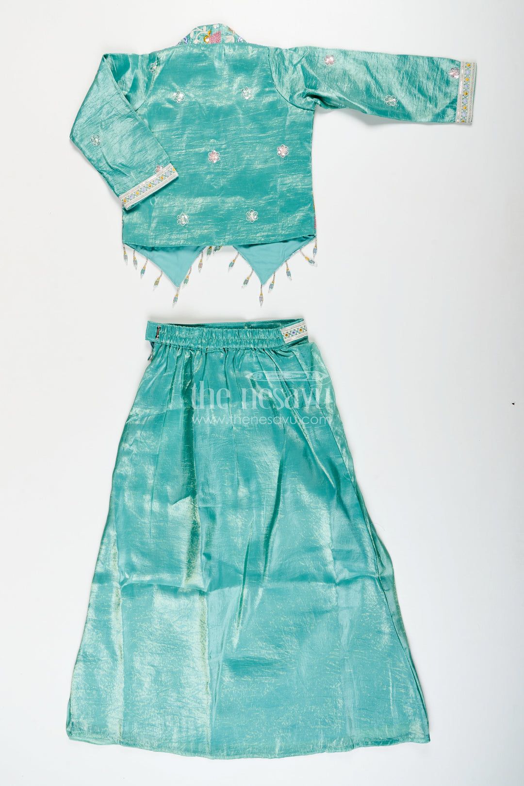 The Nesavu Girls Fancy Lehenga Girls green organza lehenga choli with designer embroidered yoke for festive occasions Nesavu Nesavu girls green organza lehenga choli embroidered yoke weddings festive wear