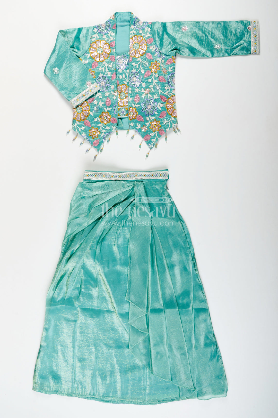 The Nesavu Girls Fancy Lehenga Girls green organza lehenga choli with designer embroidered yoke for festive occasions Nesavu Nesavu girls green organza lehenga choli embroidered yoke weddings festive wear
