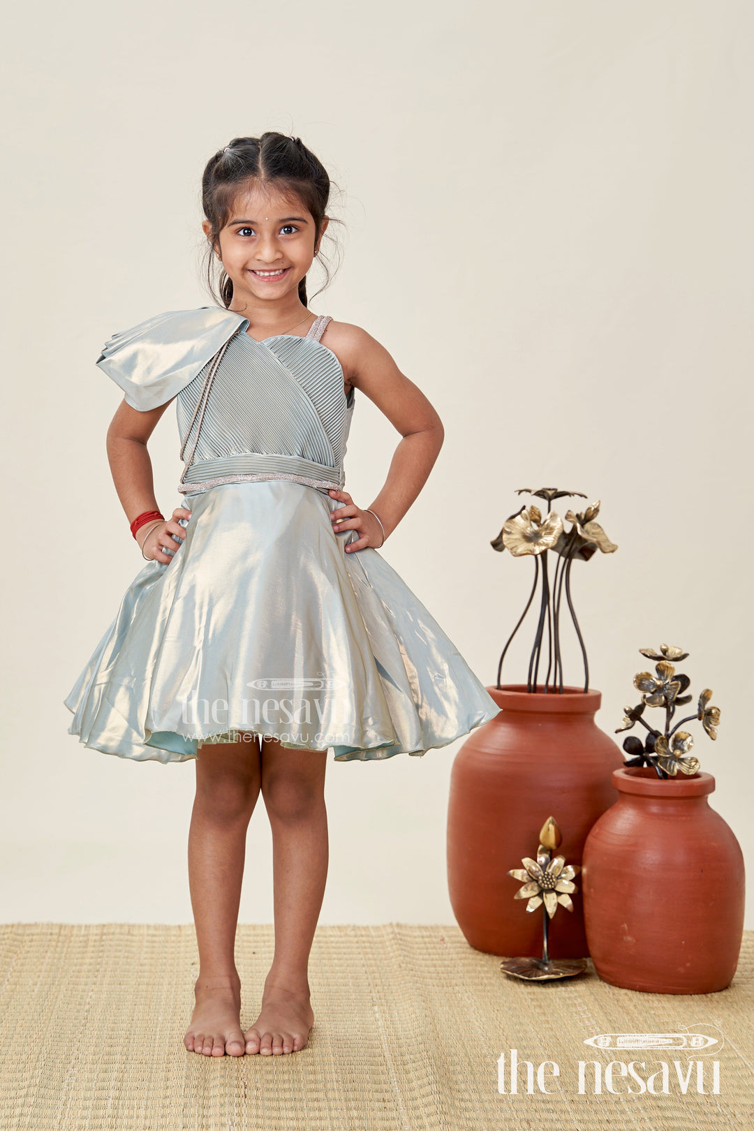 The Nesavu Girls Fancy Party Frock Girls Green Party Frock in Glaze Organza with Shimmer Finish Nesavu 16 (1Y) / Green PF241B-16 Nesavu Green Organza Party Frock Girls One-Shoulder Shimmer Dress Birthdays Events