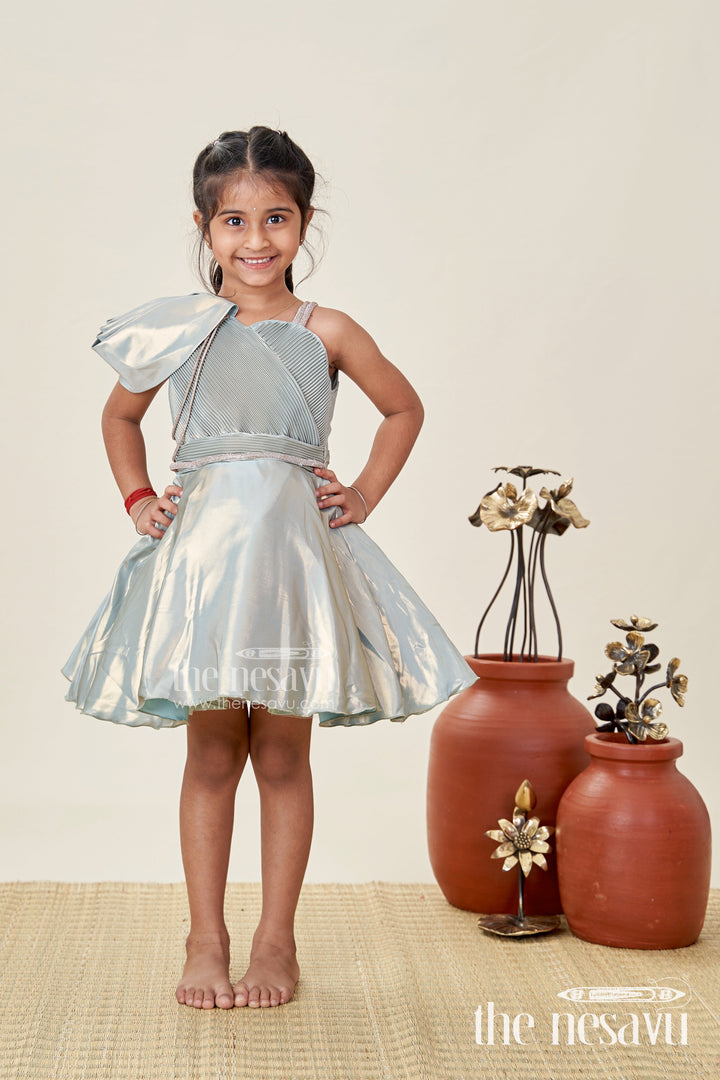 The Nesavu Girls Fancy Party Frock Girls Green Party Frock in Glaze Organza with Shimmer Finish Nesavu 16 (1Y) / Green PF241B-16 Nesavu Green Organza Party Frock Girls One-Shoulder Shimmer Dress Birthdays Events