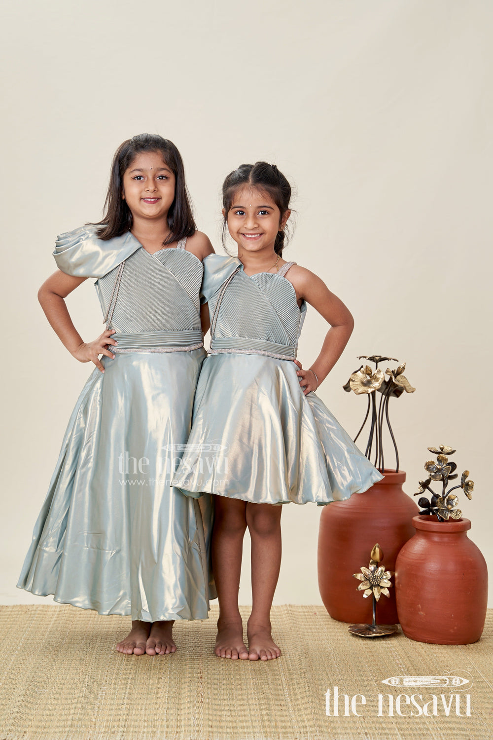 The Nesavu Girls Fancy Party Frock Girls Green Party Frock in Glaze Organza with Shimmer Finish Nesavu Nesavu Green Organza Party Frock Girls One-Shoulder Shimmer Dress Birthdays Events