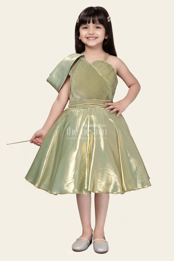 The Nesavu Girls Fancy Party Frock Girls Green Party Frock in Glaze Organza with Shimmer Finish Nesavu Nesavu Green Organza Party Frock Girls One-Shoulder Shimmer Dress Birthdays Events