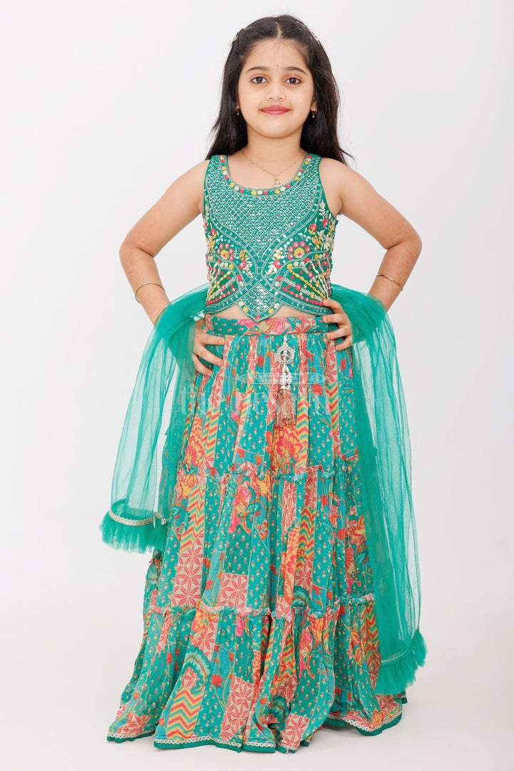 The Nesavu Girls Lehenga Choli Girls Green Pure Georgette Tiered Lehenga Choli with Mirror Detailing and Zigzag Print Nesavu 16 (1Y) / Green GL523A-16 Nesavu Girls Green Georgette Tiered Lehenga Choli Mirror Work Vibrant Zigzag Floral Patterns