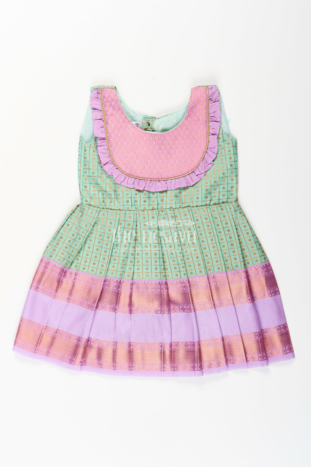 The Nesavu Girls Kanchi Silk Frock Girls green semi Kanchivaram silk frock with lavender border Nesavu 14 (6M) / Green / Style 1 SF1001DA-14 Nesavu girls green semi Kanchivaram silk frock with lavender border and frill yoke