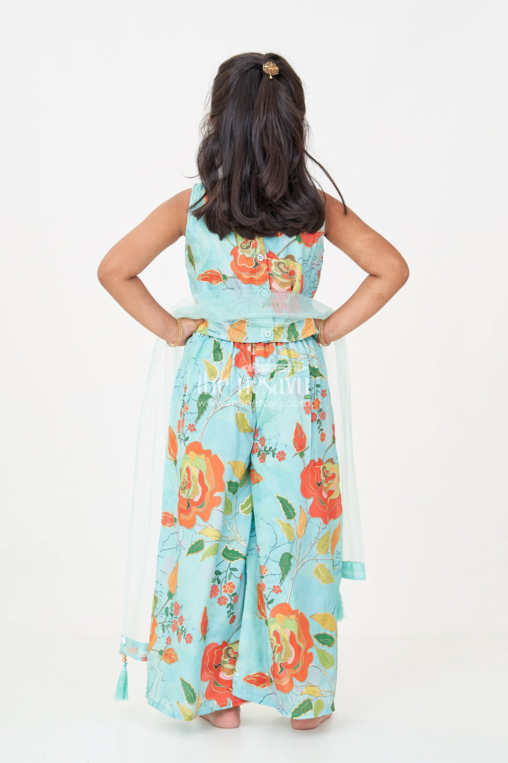 The Nesavu Girls Sharara / Plazo Set Girls Green Sharara for Mehendi with Chinon Silk Floral Digital Print and Embellished Neckline Nesavu Girls green sharara mehendi Chinon Silk Floral Print Embellished Neckline | The Nesavu