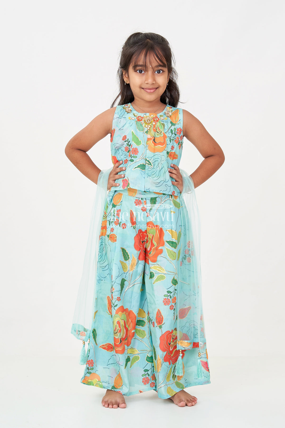 The Nesavu Girls Sharara / Plazo Set Girls Green Sharara for Mehendi with Chinon Silk Floral Digital Print and Embellished Neckline Nesavu Girls green sharara mehendi Chinon Silk Floral Print Embellished Neckline | The Nesavu