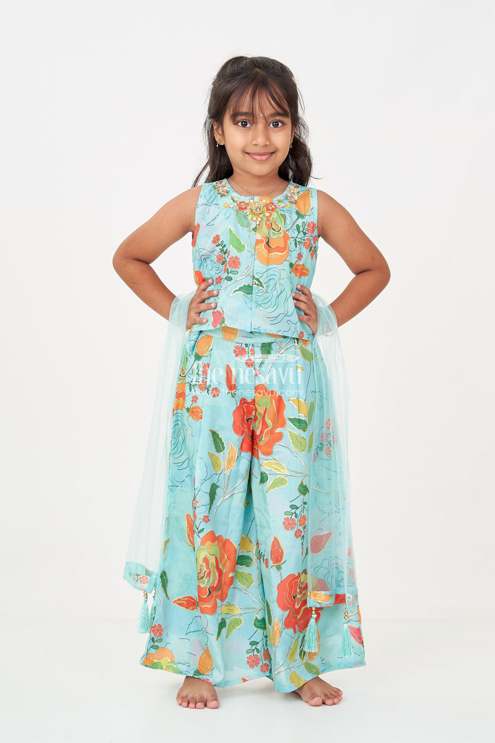 The Nesavu Girls Sharara / Plazo Set Girls Green Sharara for Mehendi with Chinon Silk Floral Digital Print and Embellished Neckline Nesavu Girls green sharara mehendi Chinon Silk Floral Print Embellished Neckline | The Nesavu