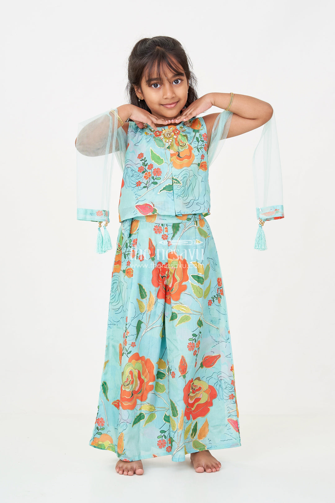 The Nesavu Girls Sharara / Plazo Set Girls Green Sharara for Mehendi with Chinon Silk Floral Digital Print and Embellished Neckline Nesavu Girls green sharara mehendi Chinon Silk Floral Print Embellished Neckline | The Nesavu