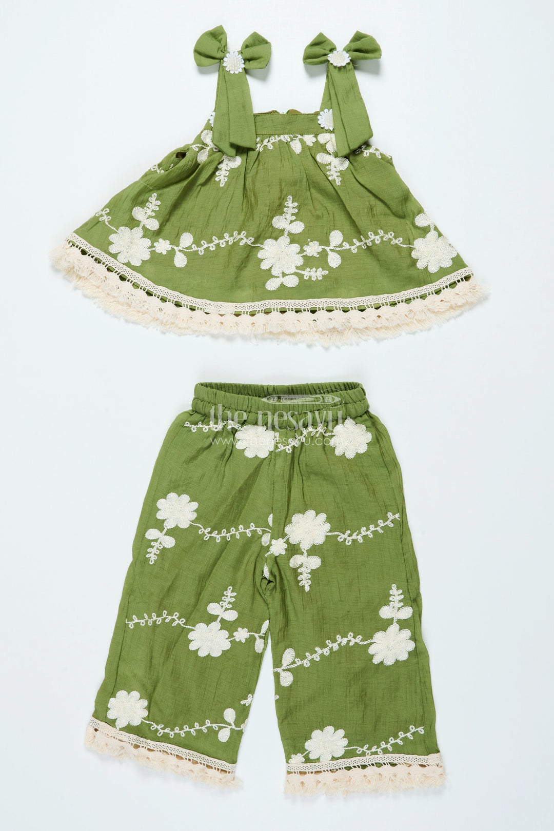 The Nesavu Girls Co-Ord Sets Girls Green Sharara Set In Cotton with Thread Embroidery for Festive Days Nesavu 18 (2Y) / Green GPS889A-18 Nesavu girls green cotton sharara set thread embroidery  ideal festive occasions ethnic events