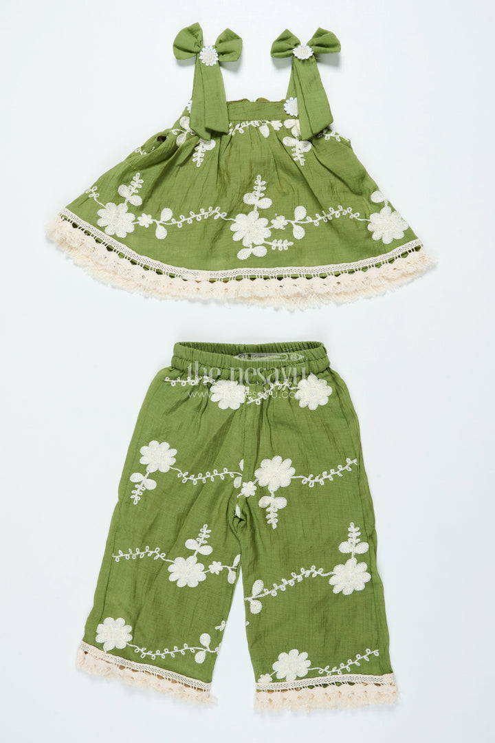 The Nesavu Girls Co-Ord Sets Girls Green Sharara Set In Cotton with Thread Embroidery for Festive Days Nesavu 18 (2Y) / Green GPS889A-18 Nesavu girls green cotton sharara set thread embroidery  ideal festive occasions ethnic events