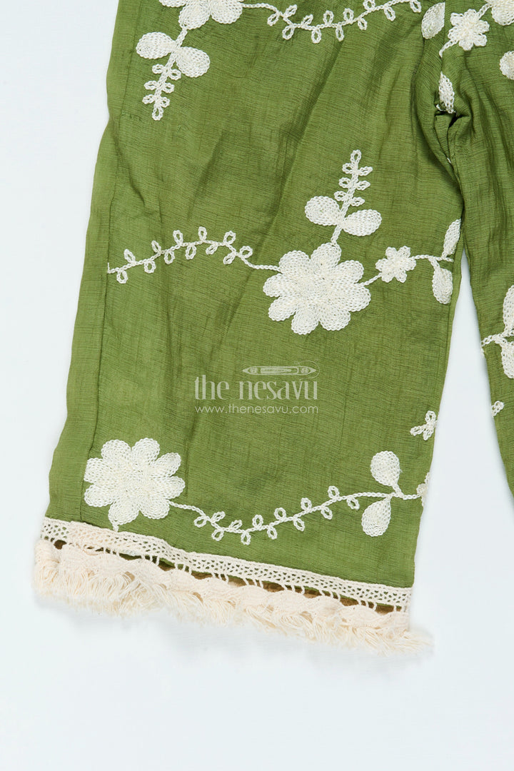 The Nesavu Girls Co-Ord Sets Girls Green Sharara Set In Cotton with Thread Embroidery for Festive Days Nesavu Nesavu girls green cotton sharara set thread embroidery  ideal festive occasions ethnic events