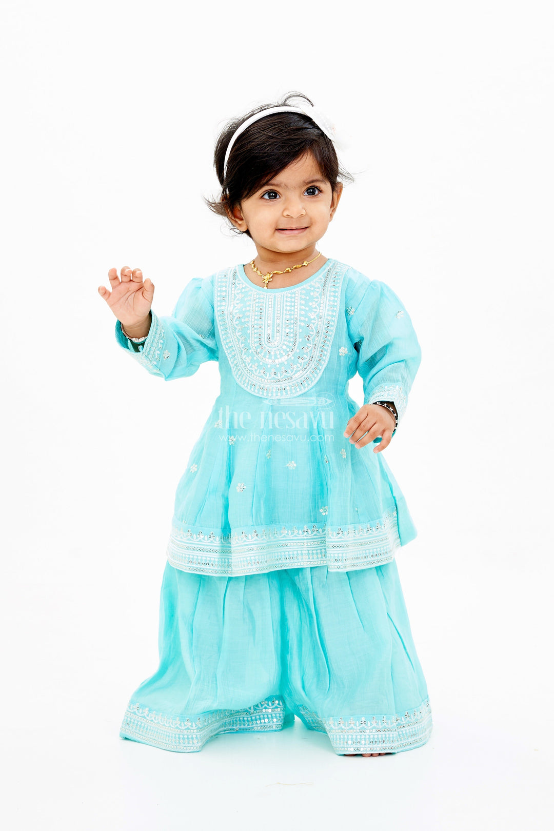 The Nesavu Girls Sharara / Plazo Set Girls Green Sharara Set in Pure Cotton with Embroidered Kurti and Elegant Silver Borders Nesavu 18 (2Y) / Green GPS528B-18 Girls Green Sharara Set Pure Cotton Embroidered Kurti Elegant Silver Borders | The Nesavu