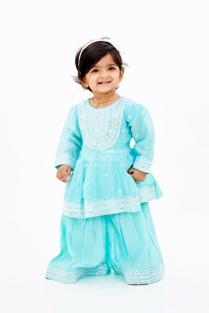 The Nesavu Girls Sharara / Plazo Set Girls Green Sharara Set in Pure Cotton with Embroidered Kurti and Elegant Silver Borders Nesavu Girls Green Sharara Set Pure Cotton Embroidered Kurti Elegant Silver Borders | The Nesavu