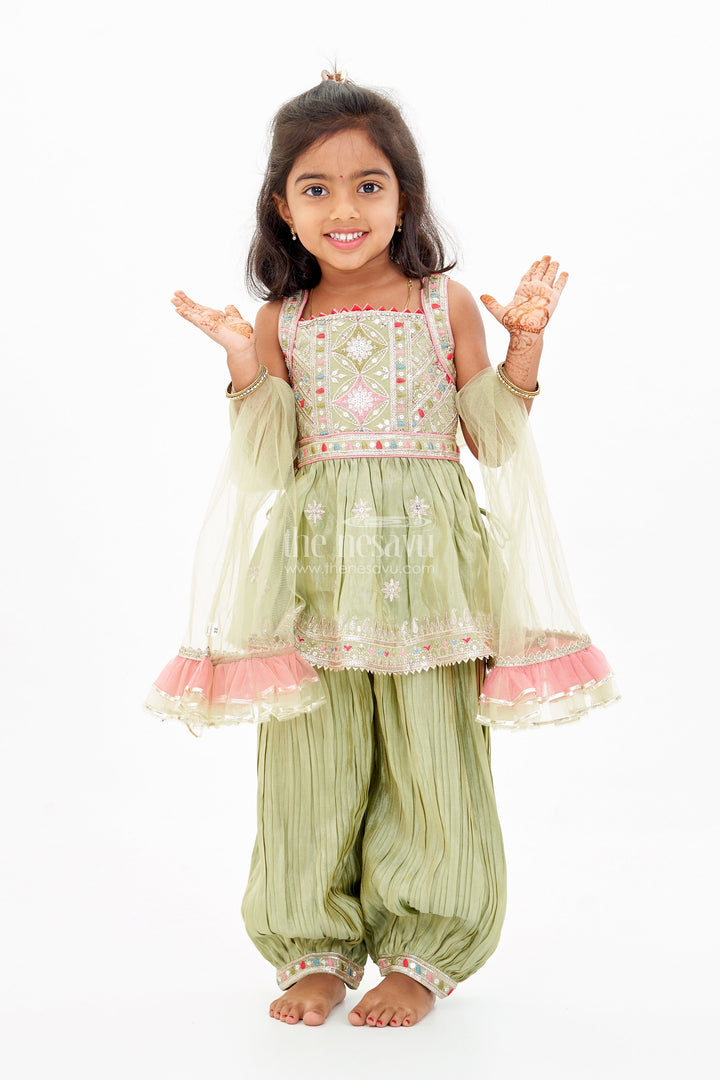 The Nesavu Girls Sharara / Plazo Set Girls Green Sharara Set in Pure Viscose Tissue Silk with Embellished Choli and Dupatta Nesavu 16 (1Y) / Turquoise GPS508A-16 Girls Green Sharara Set Pure Viscose Tissue Silk Embellished Choli Dupatta | The Nesavu