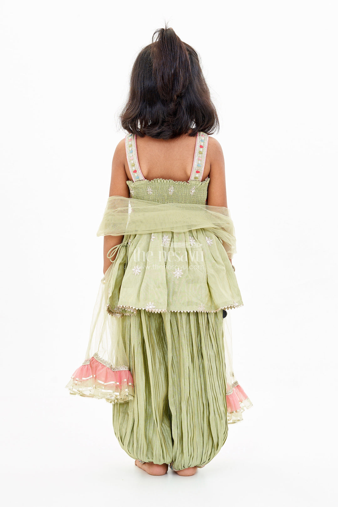The Nesavu Girls Sharara / Plazo Set Girls Green Sharara Set in Pure Viscose Tissue Silk with Embellished Choli and Dupatta Nesavu Girls Green Sharara Set Pure Viscose Tissue Silk Embellished Choli Dupatta | The Nesavu