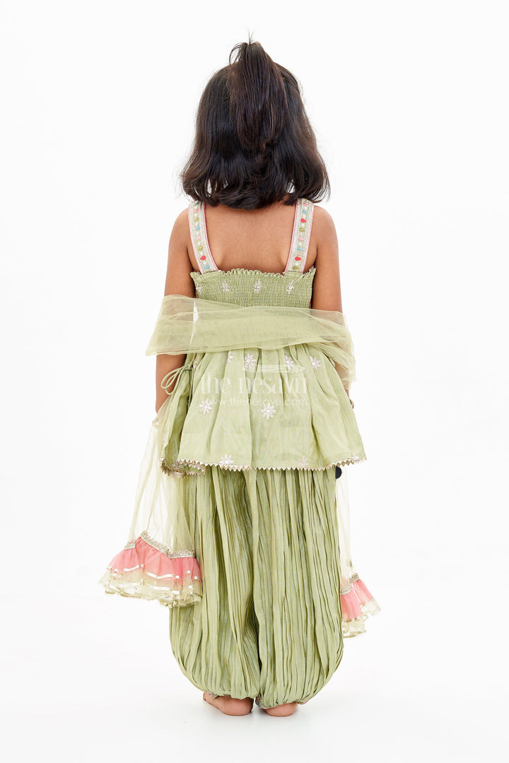 The Nesavu Girls Sharara / Plazo Set Girls Green Sharara Set in Pure Viscose Tissue Silk with Embellished Choli and Dupatta Nesavu Girls Green Sharara Set Pure Viscose Tissue Silk Embellished Choli Dupatta | The Nesavu