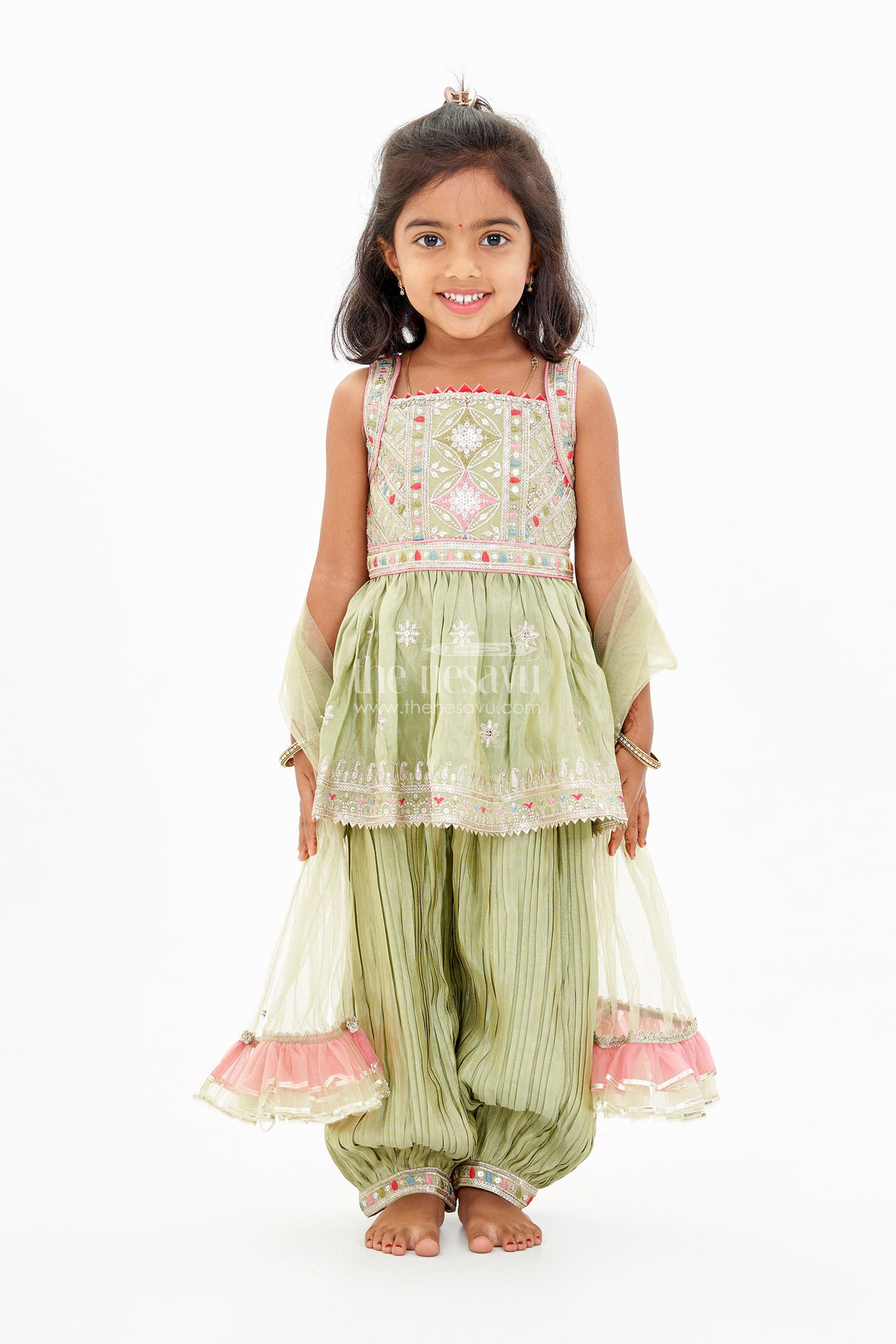 The Nesavu Girls Sharara / Plazo Set Girls Green Sharara Set in Pure Viscose Tissue Silk with Embellished Choli and Dupatta Nesavu Girls Green Sharara Set Pure Viscose Tissue Silk Embellished Choli Dupatta | The Nesavu