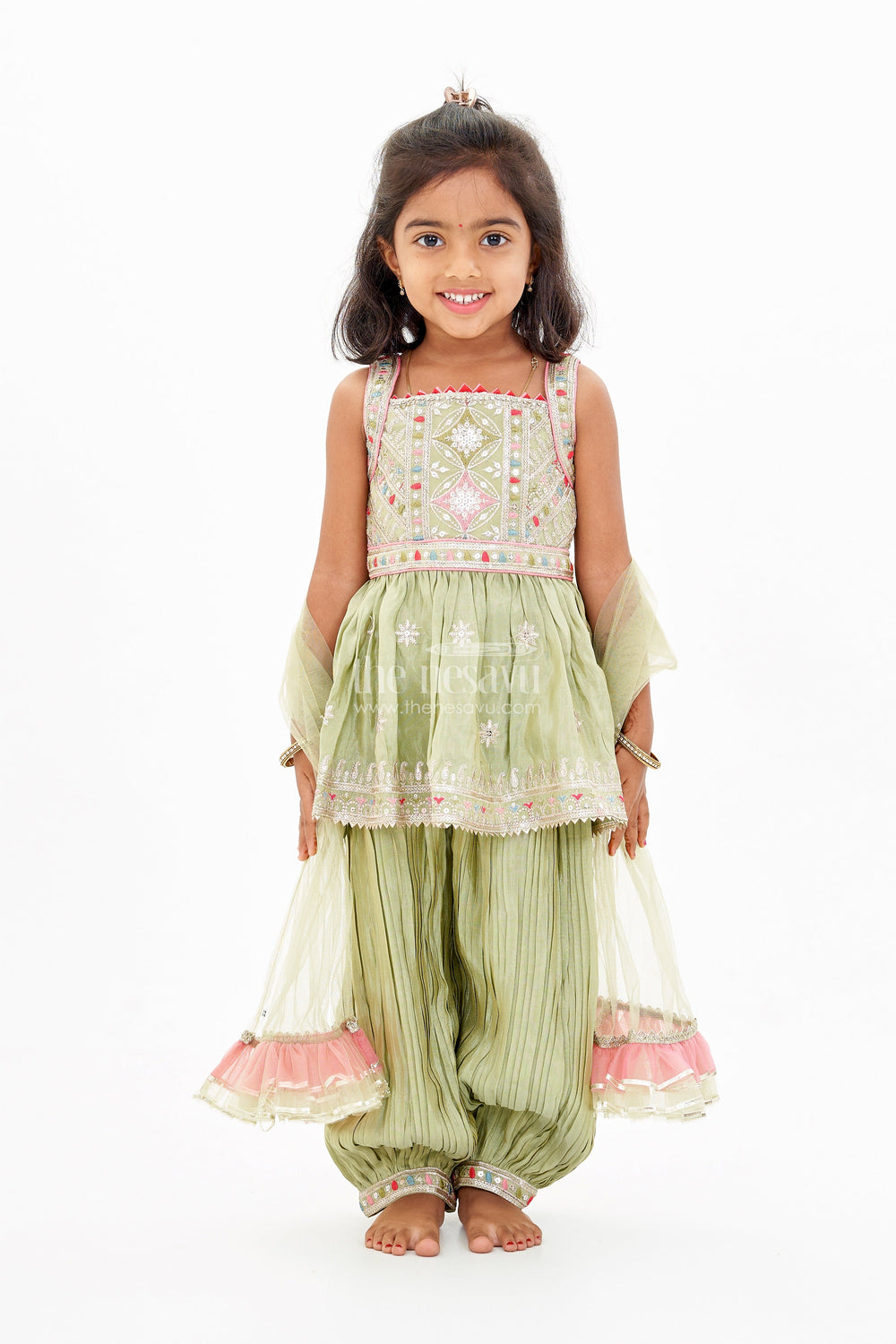 The Nesavu Girls Sharara / Plazo Set Girls Green Sharara Set in Pure Viscose Tissue Silk with Embellished Choli and Dupatta Nesavu Nesavu Girls Green Sharara Set Pure Viscose Tissue Silk Embellished Choli Dupatta