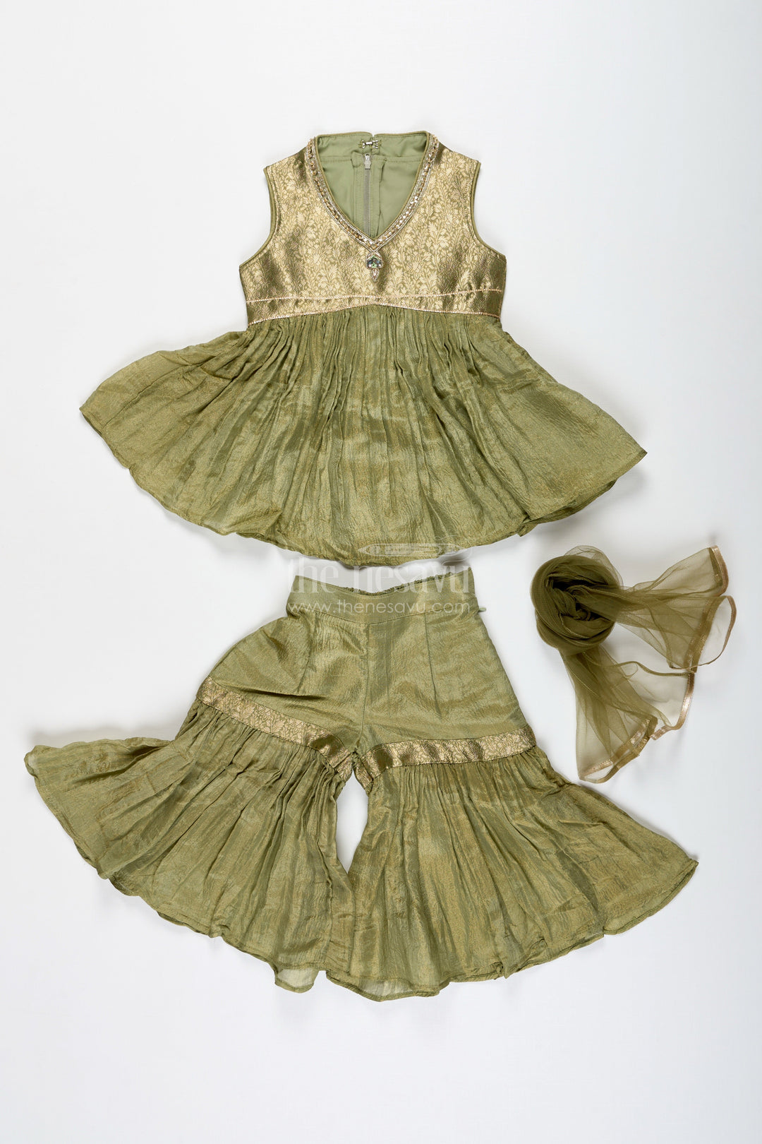 The Nesavu Girls Sharara / Plazo Set Girls Green Sharara Set with Dupatta Ethnic Festive Wear in Organza for Kids Nesavu Nesavu Girls Green Sharara Set Dupatta Ethnic Festive Wear Organza Kids