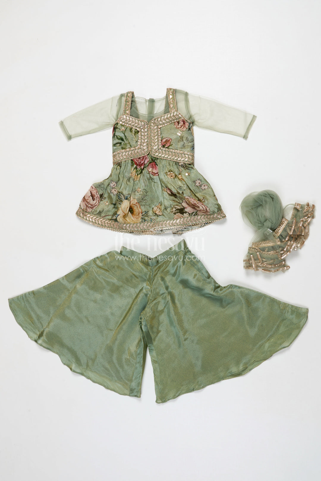 The Nesavu Girls Sharara / Plazo Set Girls Green Sharara Set with Embroidered Yoke for Festive Occasions Nesavu Nesavu girls green sharara set in viscose silk with sequin embroidered yoke – festive ethnic outfit