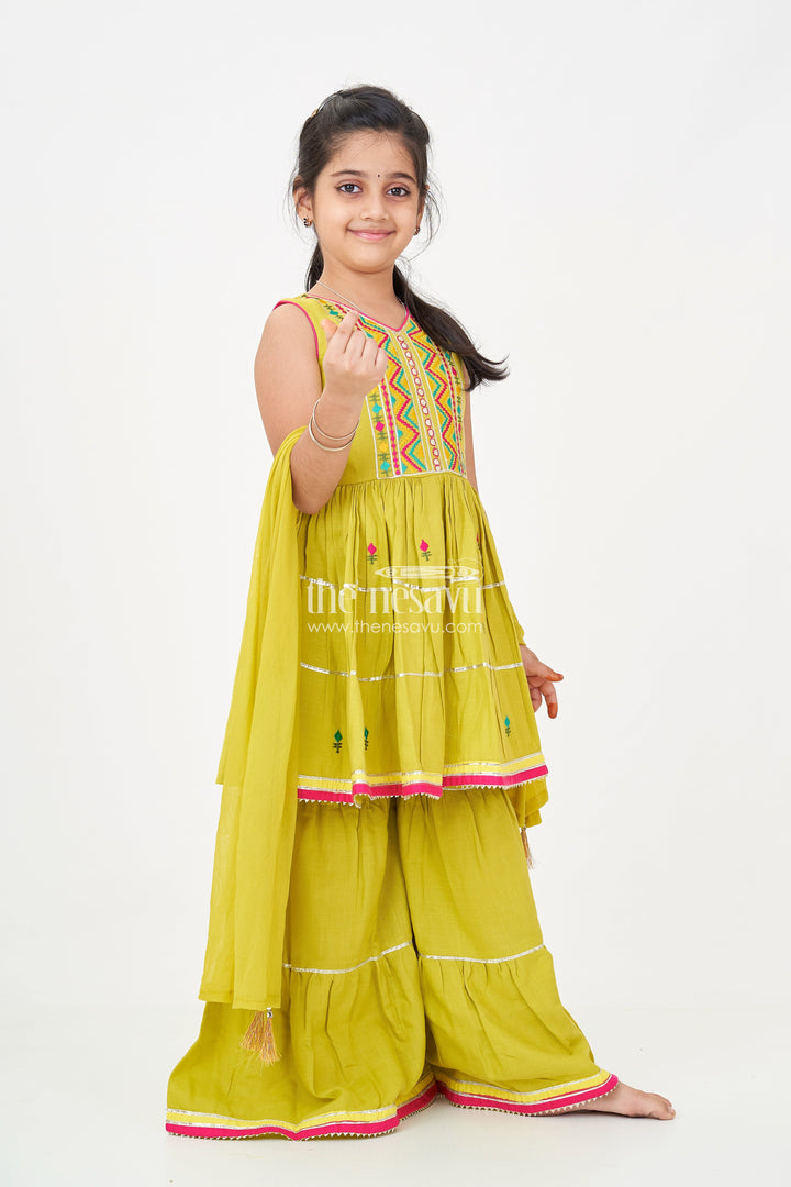The Nesavu Girls Sharara / Plazo Set Girls Green Sharara Set with Thread Embroidered Sleeveless Kurta and Matching Flared Pants Nesavu 24 (5Y) / Green GPS593A-24 Girls Green Sharara Set with Embroidered Kurta and Matching Flared Pants in Soft Cotton | The Nesavu