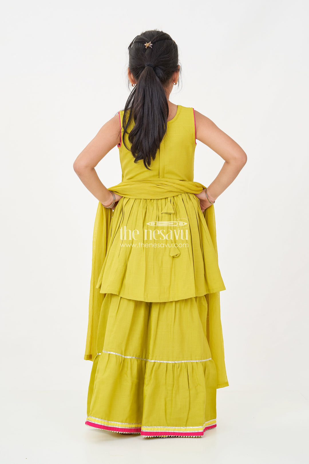 The Nesavu Girls Sharara / Plazo Set Girls Green Sharara Set with Thread Embroidered Sleeveless Kurta and Matching Flared Pants Nesavu Girls Green Sharara Set with Embroidered Kurta and Matching Flared Pants in Soft Cotton | The Nesavu