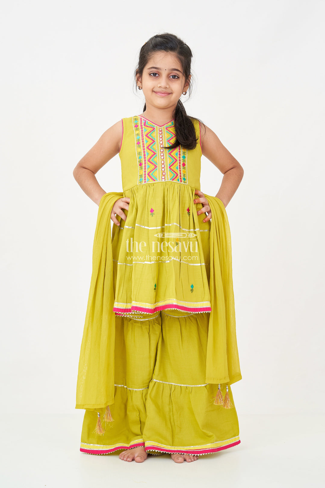 The Nesavu Girls Sharara / Plazo Set Girls Green Sharara Set with Thread Embroidered Sleeveless Kurta and Matching Flared Pants Nesavu Girls Green Sharara Set with Embroidered Kurta and Matching Flared Pants in Soft Cotton | The Nesavu