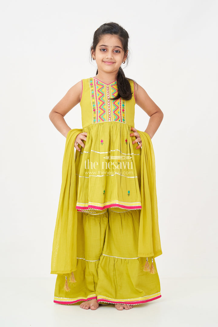 The Nesavu Girls Sharara / Plazo Set Girls Green Sharara Set with Thread Embroidered Sleeveless Kurta and Matching Flared Pants Nesavu Girls Green Sharara Set with Embroidered Kurta and Matching Flared Pants in Soft Cotton | The Nesavu